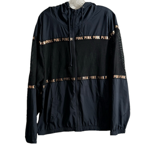 PINK Victorias Secret Zip Front Hooded Vented Jacket-Black/Gold-Polyester-SZ M/L